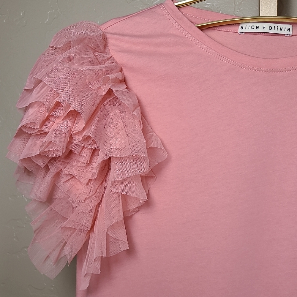 Alice + Olivia Blush Pink Rylan Tulle Sleeve T-shirt Fairy Top 100% Cotton - Picture 4 of 16